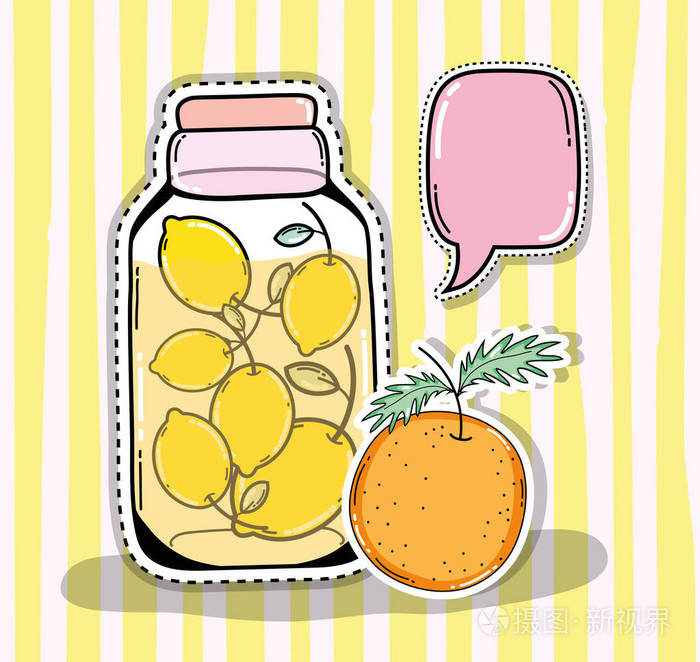 橙色柠檬排毒果汁在梅森罐与空白气泡可爱卡通矢量插图平面设计