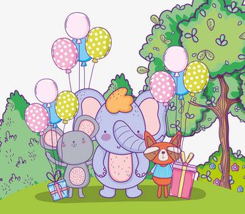 大象与考拉和浣熊快乐生日矢量插图