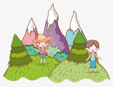 山上的女孩和男孩，带着树，流浪的，疯狂的矢量插图