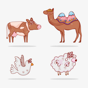 用骆驼和羊的动物设置牛矢量插图