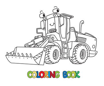 有趣的建设拖拉机与眼睛.着色书照片