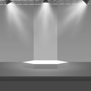 空舞台讲台与聚光灯在空白的演播室房间进行演示