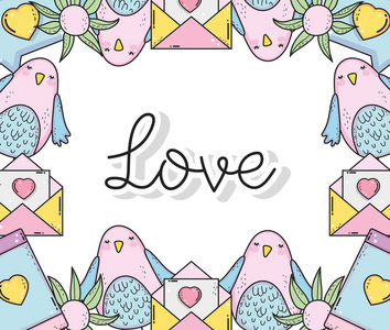 带爱情卡的鸟和带花背景矢量插图的智能手机