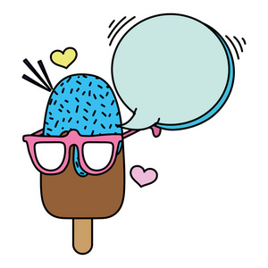 彩色巧克力冰棒与眼镜，聊天气泡矢量插图