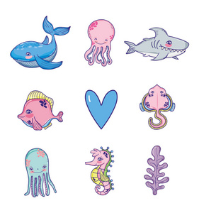 一套海洋动物卡通集，矢量插图，平面设计