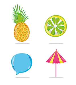 一套夏季菠萝柠檬和雨伞卡通矢量插图平面设计