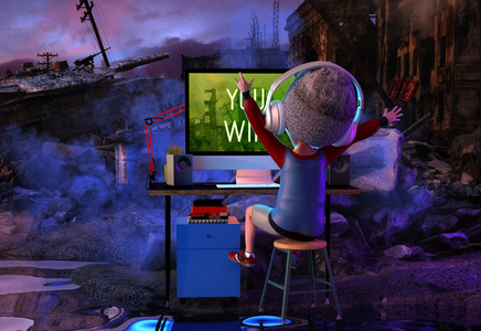 有趣的孩子卡通人物小男孩戴耳机.虚拟游戏概念.3d 渲染照片