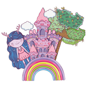 女孩神奇的生物与城堡和树木矢量插图