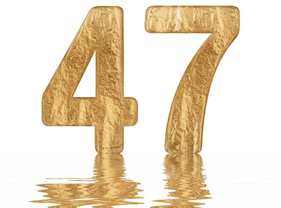 数字4747反射在水面上孤立的白色3d渲染照片
