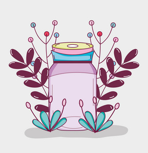梅森罐子与花，复古图纸，粉彩，矢量插图，平面设计。