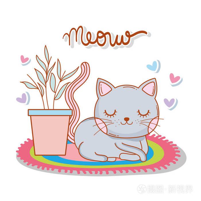 可爱的猫在地毯上用植物和心脏矢量插图。