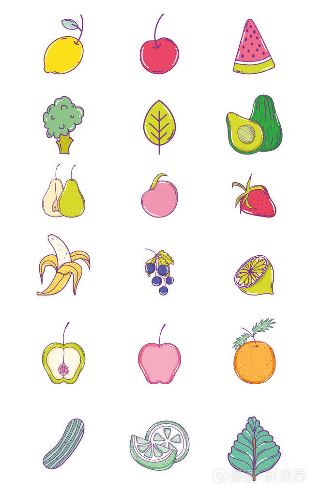 一套水果,可爱卡通,收集矢量插图,平面设计