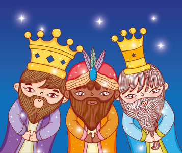 三位国王戴着皇冠和星星,以顿悟矢量插图照片