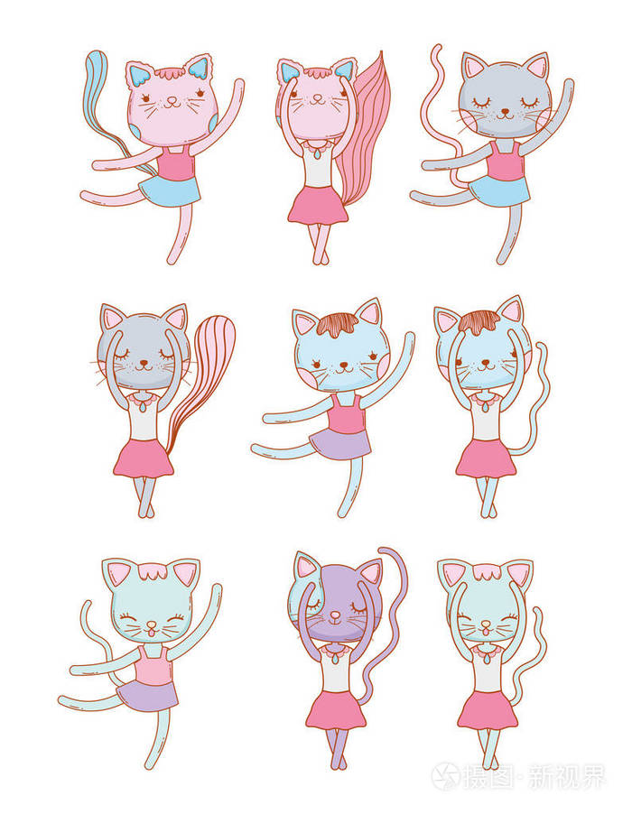 设置可爱的女猫舞蹈矢量插图