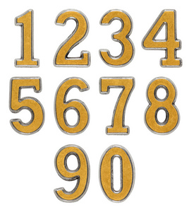一组阿拉伯数字从金属金色和银色，孤立在白色背景上