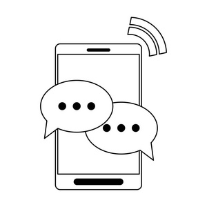 智能手机与聊天气泡在屏幕上的黑色和白色