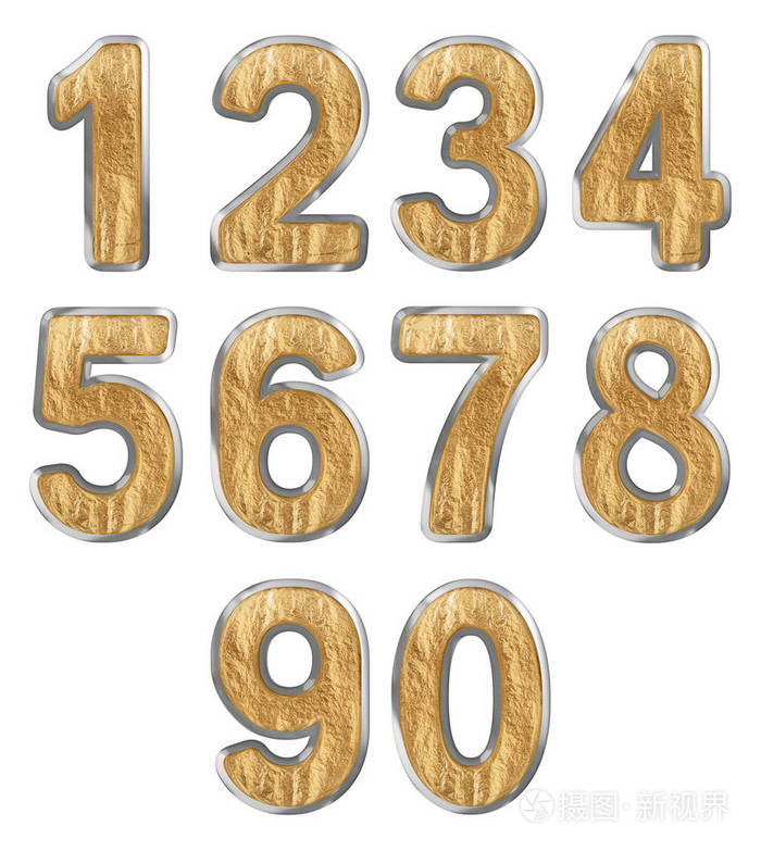 一组阿拉伯数字黄金和银质地孤立在白色背景上三维插图