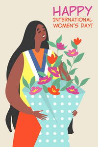 s Day with a cute girl holding a bouquet of flowers. Illustratio