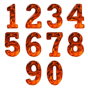 一组阿拉伯数字，仿真火焰纹理，在白色背景上隔离，三维插图