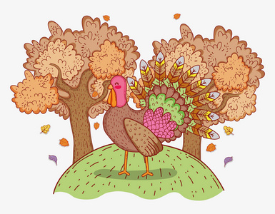 火鸡动物，树木，树叶，秋天矢量插图
