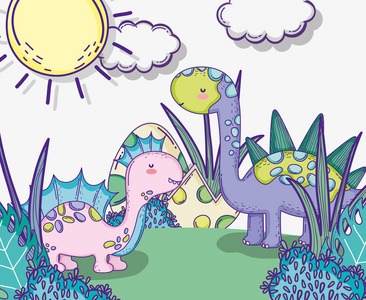 恐龙和剑龙动物与恐龙蛋矢量插图
