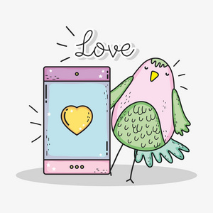 鸟和智能手机与爱的信息，情人节矢量插图