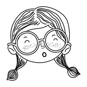 线条有趣的儿童女孩头眼镜矢量插图