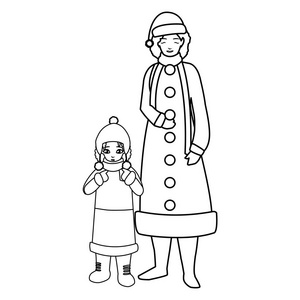 可爱的母亲和女儿与冬季衣服
