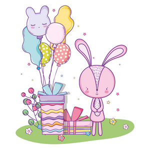 可爱的兔子生日快乐，礼物，气球矢量插图