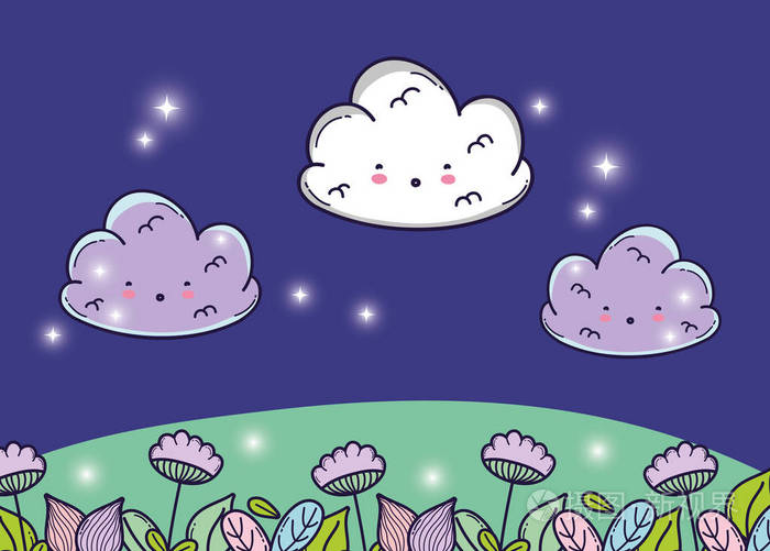 可爱的蓬松云与花和星星矢量插图
