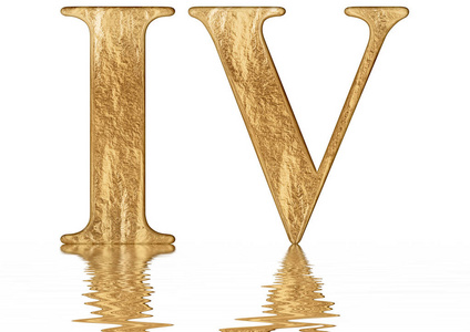 罗马数字iv quattuor4四反射在水面上孤立的白色3d渲染照片