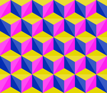 无缝几何图案矢量镶嵌背景彩色抽象设计艺术与三维看立方体由方形三角形热，粉红色，黄色，蓝色