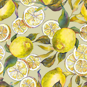柠檬水果片和叶子的无缝图案。 浅绿色背景上的水彩。
