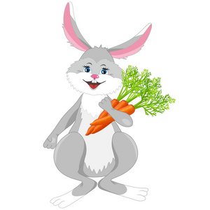 微笑快乐可爱的兔子拿着蔬菜胡萝卜孤立在白色的背景上。 复活节的滑稽小兔子。 矢量图。