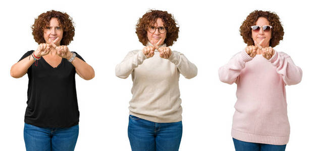 中年老年女性对白隔离背景排斥表达交叉手指做阴性标志