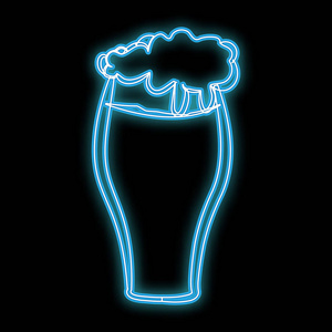 美丽的蓝色明亮的发光抽象霓虹灯标志的啤酒酒吧与制作啤酒杯与洞好吃泡沫和复制空间在黑色的背景。向量