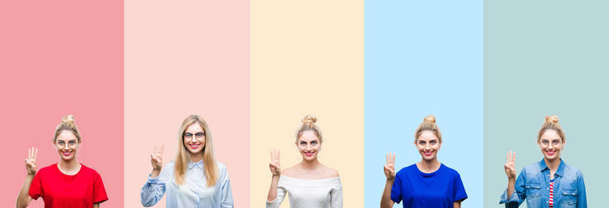 拼贴美丽的金发女人在五颜六色的条纹上，孤立的背景显示和手指第三，同时微笑自信和快乐。