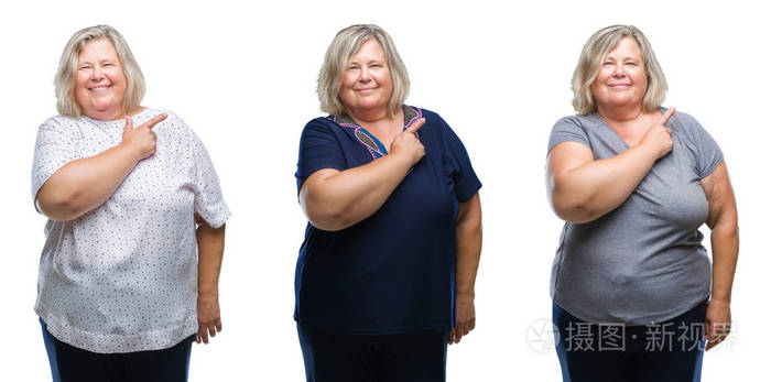 老年肥胖妇女拼贴在孤立的背景上欢快,脸上带着微笑,用手和手指指向