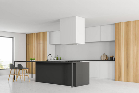 现代厨房的角落，白色墙壁，石头地板，木制橱柜，靠近白色台面和灰色酒吧与凳子。 3D渲染