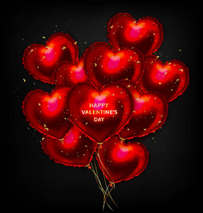 情人节背景与红心气球和金色五彩花