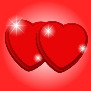 两颗红色3D心脏的矢量绘图，颜色背景上有明亮的白色高光