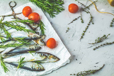 在浅灰色混凝土台面上用西红柿和迷迭香涂在纸上的沙丁鱼或波罗的海鲱鱼。生的未煮熟的海鱼。复制香料。