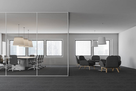 办公室会议室，玻璃墙，地毯地板，长桌，黑色椅子。 办公室休息室，右边有扶手椅和圆桌。 3D渲染