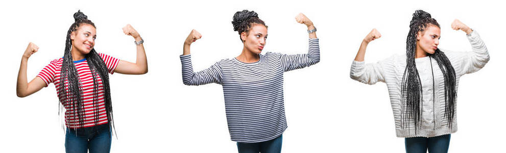 拼贴美丽的辫子非洲裔美国妇女在孤立的背景显示手臂肌肉微笑自豪。 健身理念。