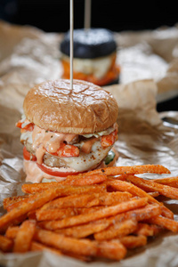  serve it in cursty fresh bun bread.Burger menu close up