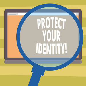 显示保护您的身份的文本符号。在您的社交媒体帐户上启用隐私的概念照片放大玻璃放大平板电脑空白彩色屏幕照片文本空间
