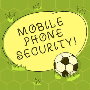 概念手书写显示手机安全。 商业照片展示移动设备上的安全数据草地上的无线安全足球和空白圆形彩色照片