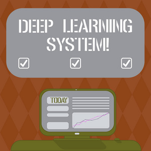显示深度学习系统的书写笔记。展示机器学习中使用的算法集合的商业照片在桌面空白彩色文本框上使用线形图的安装计算机屏幕