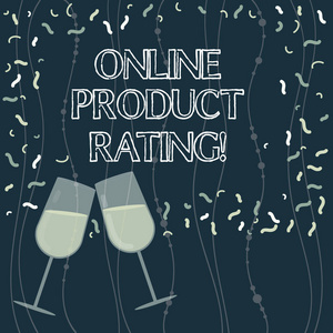 显示在线产品评级的书写说明。商业照片展示关于电子商务和在线产品充满葡萄酒玻璃的反馈, 用分散的五彩花片庆祝