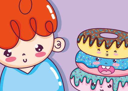 可爱的男孩和甜甜圈卡瓦伊漫画矢量插图图形设计